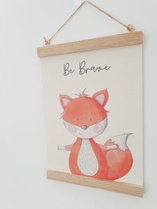 Fox canvas print with wooden wall hanger